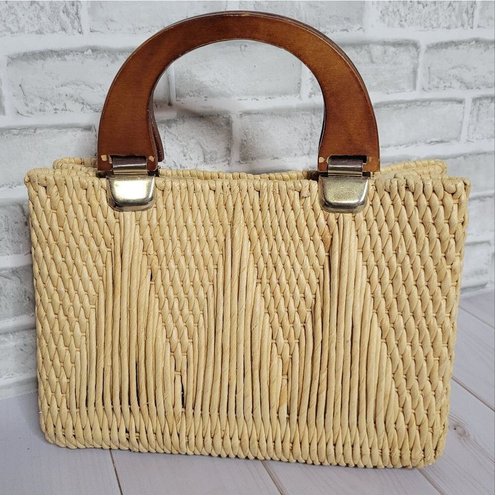 Vintage Italian Woven Straw Bag with Wooden Handles
